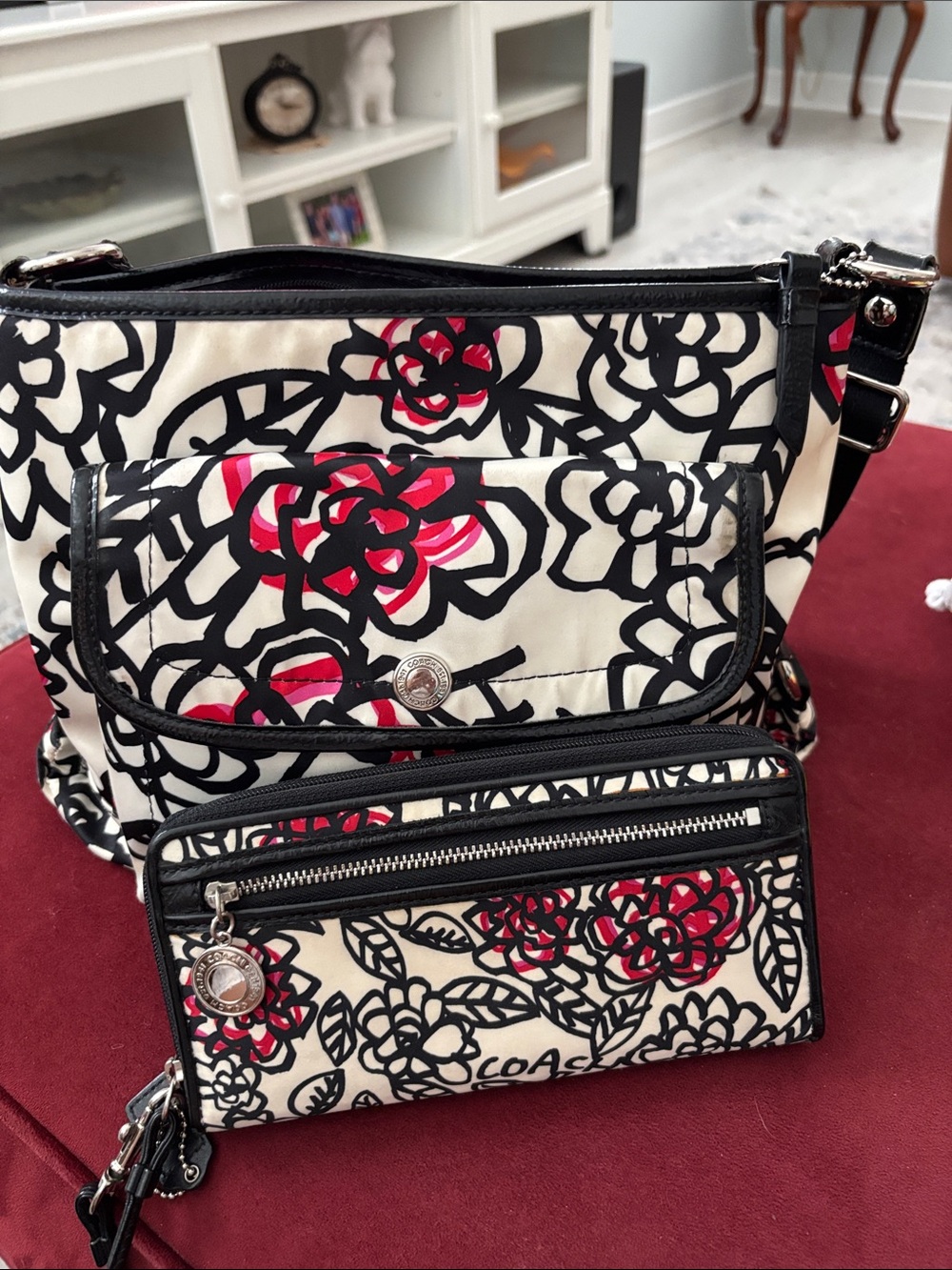 Coach Poppy Daisy Floral Graffiti Sateen Bag 16864 and Zip Accordion Wallet Set